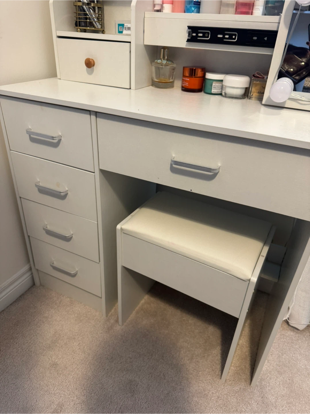 White Vanity Dressing Table with Mirror, Lights, & Stool - photo 2