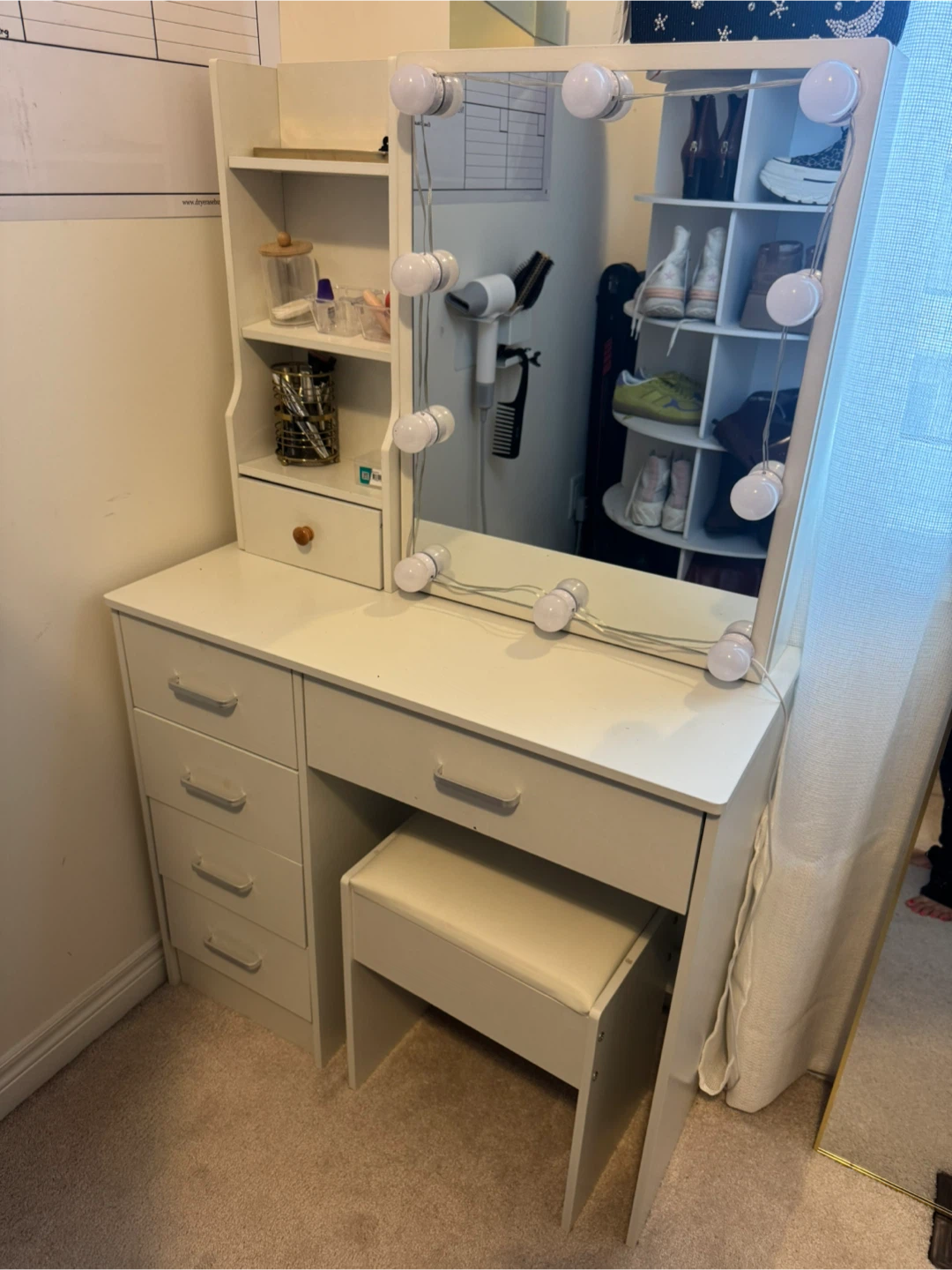 White Vanity Dressing Table with Mirror, Lights, & Stool