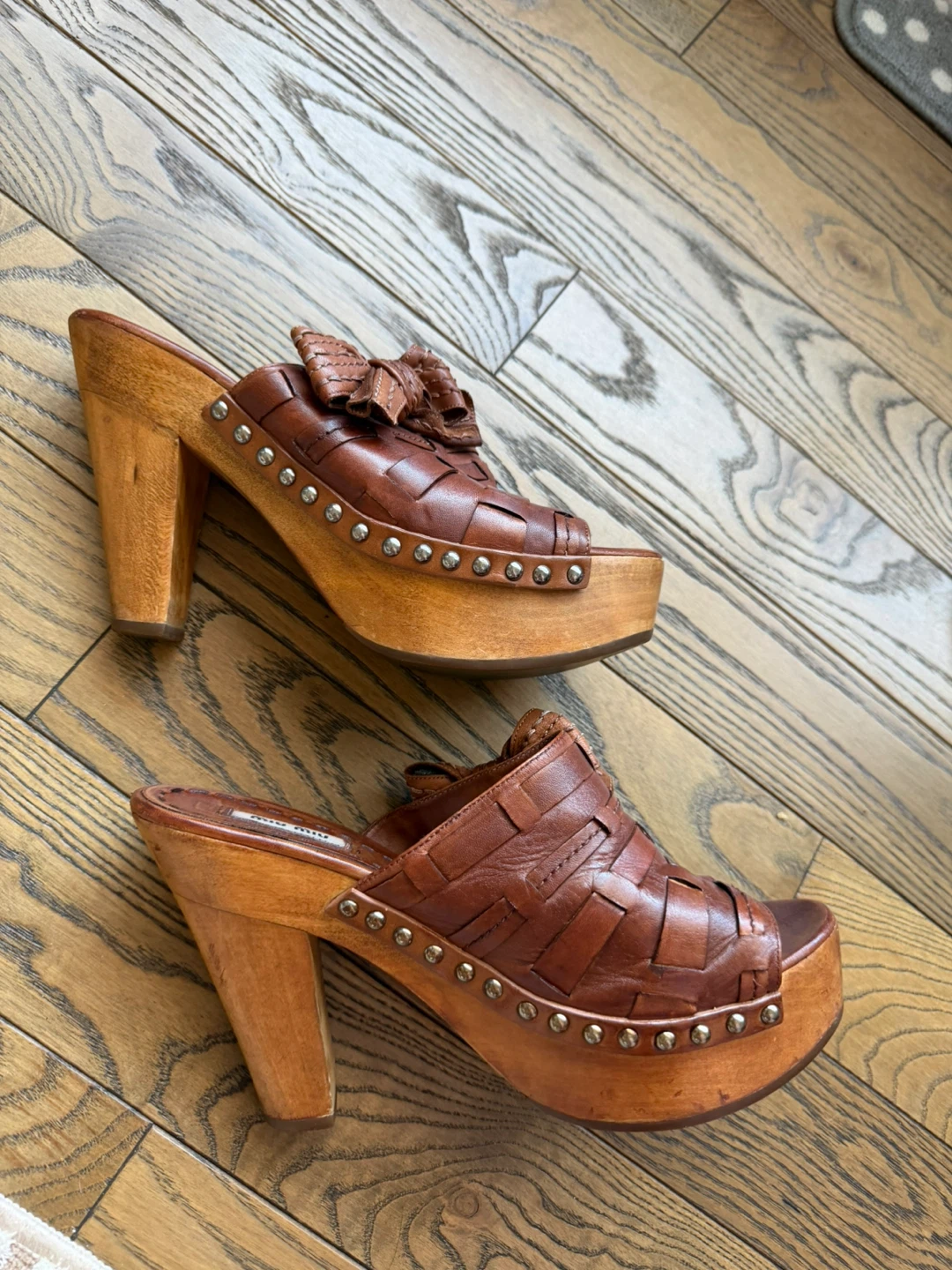 Miu Miu Vintage Brown Leather Bow Platform Clogs