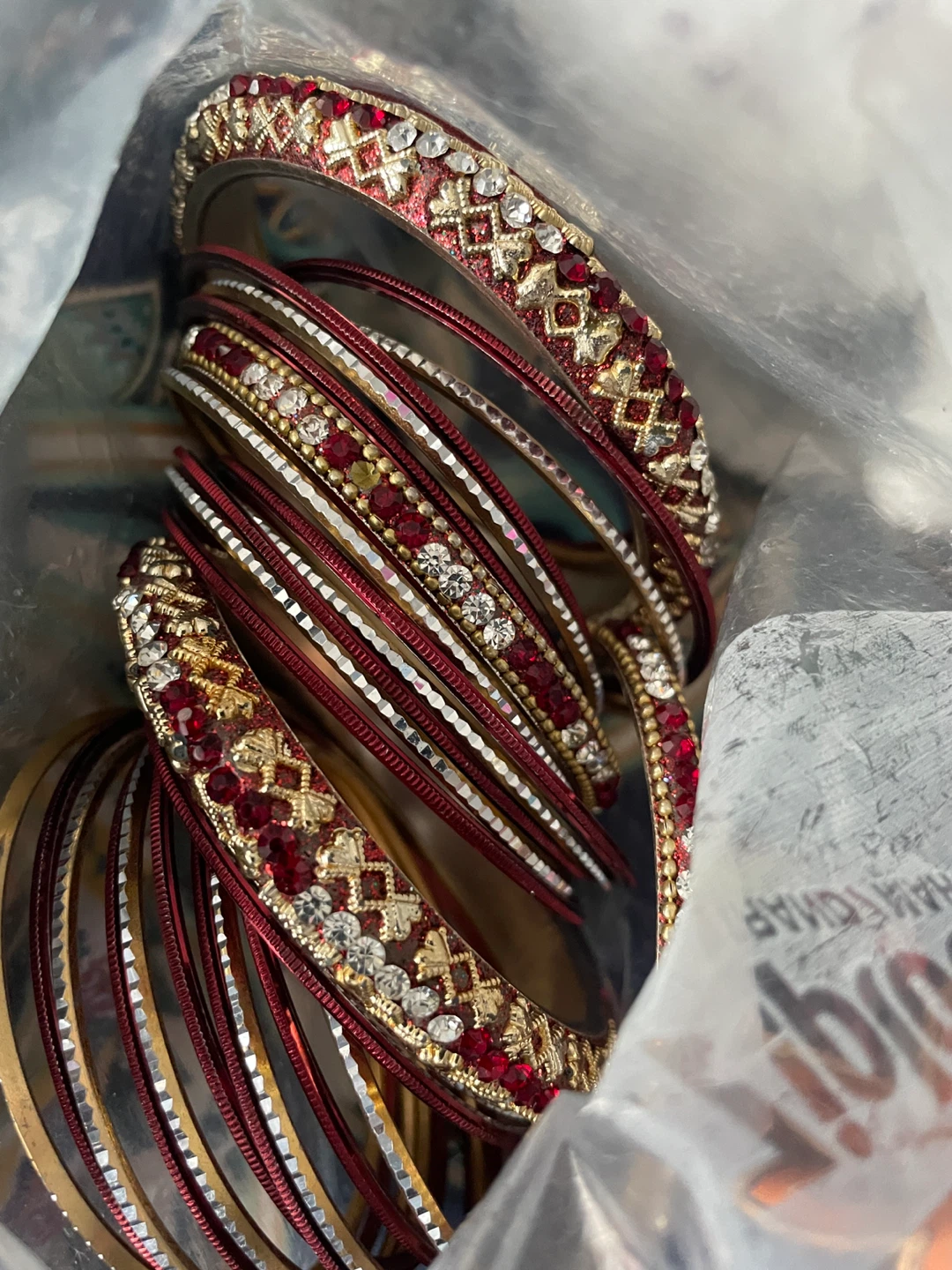 Set of Red and Gold Bangles with Rhinestones