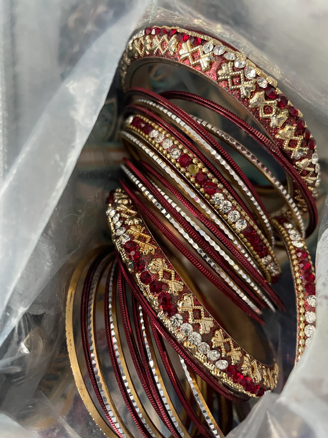 Set of Red and Gold Bangles with Rhinestones - photo 2