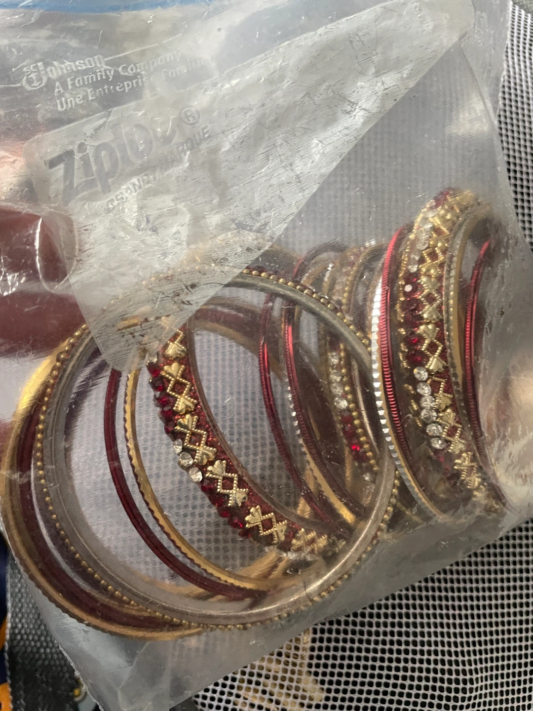 Set of Red and Gold Bangles with Rhinestones - photo 5