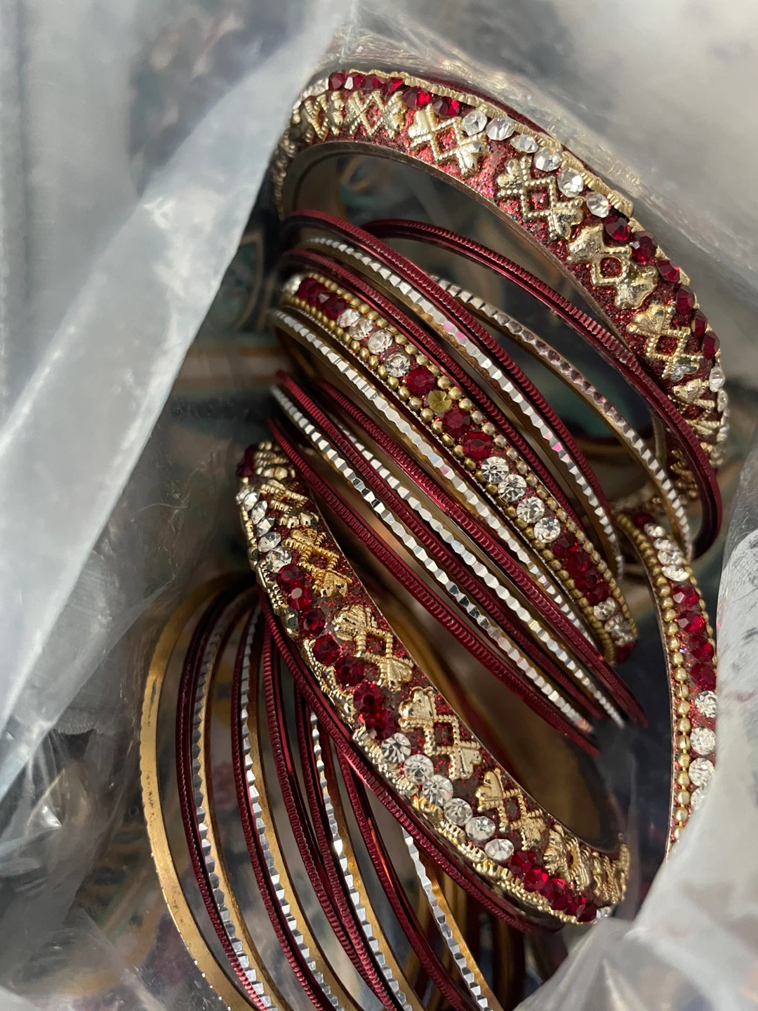 Set of Red and Gold Bangles with Rhinestones - photo 3