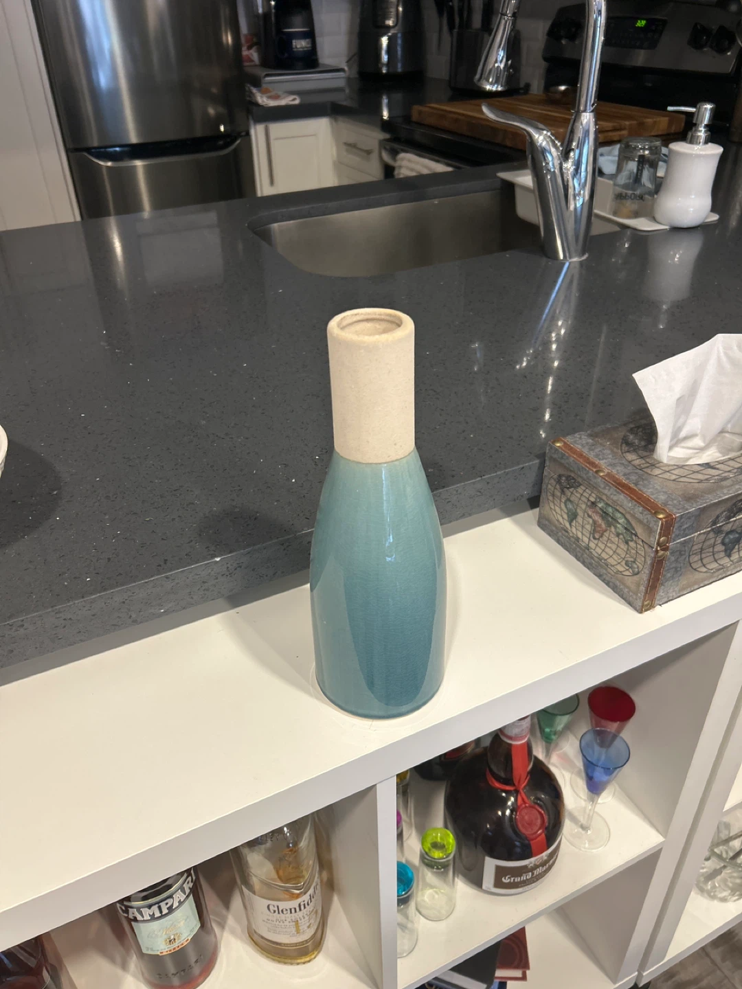 Blue Ceramic Vase with Beige Top