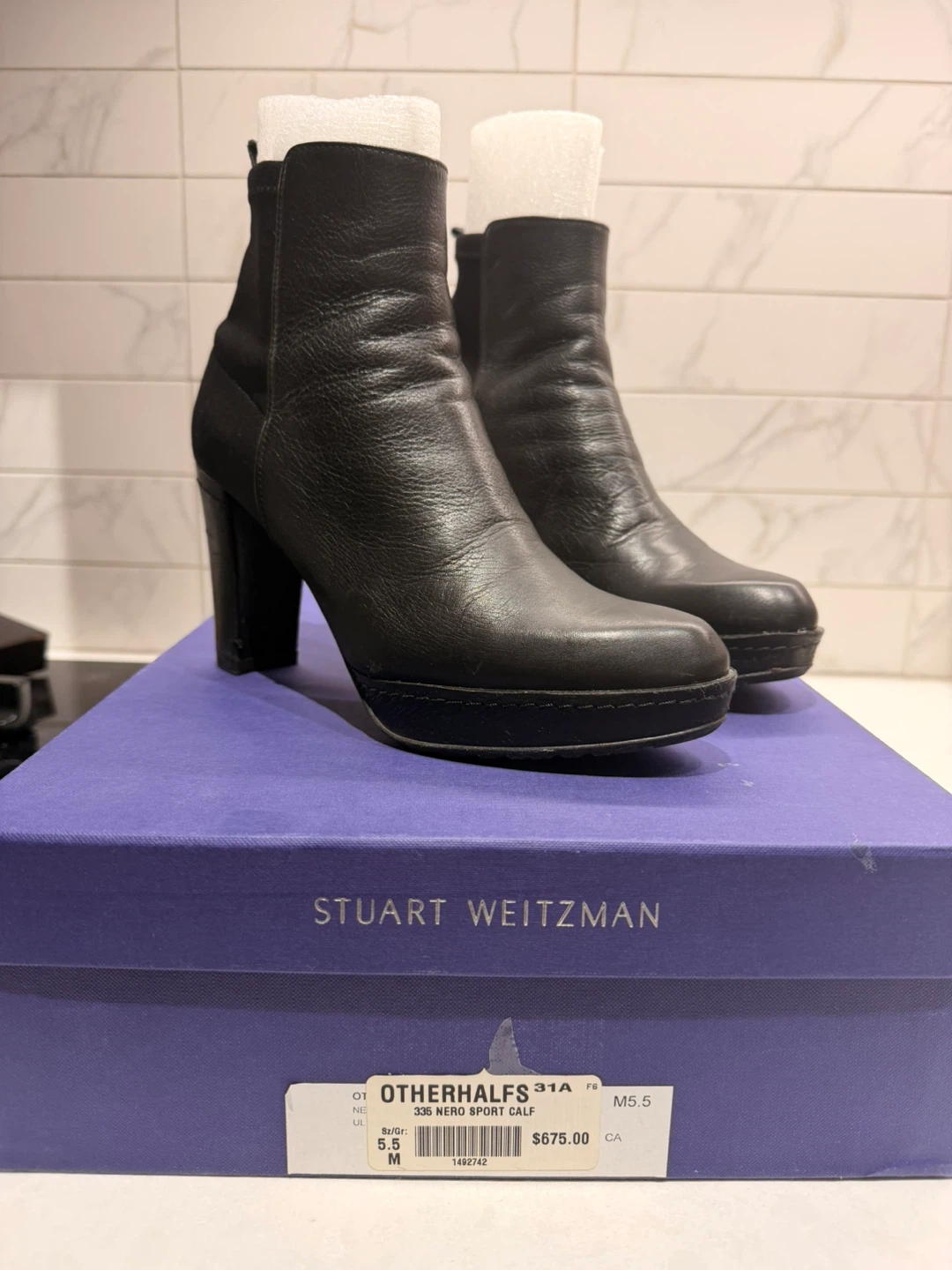 Stuart Weitzman "Otherhalf" Black Leather Ankle Boots - Size 5.5