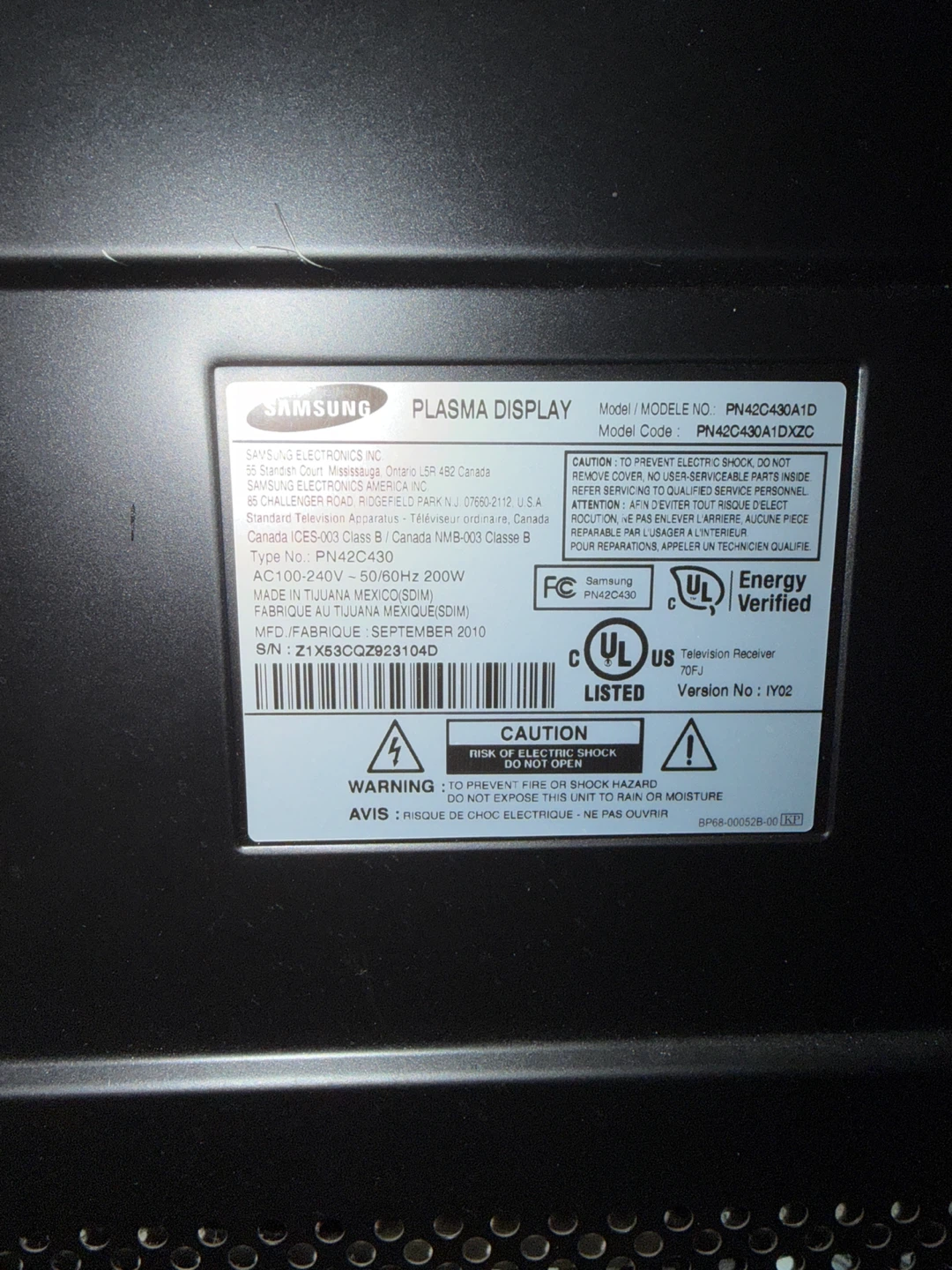 Samsung Plasma TV PN42C430A1D - photo 3