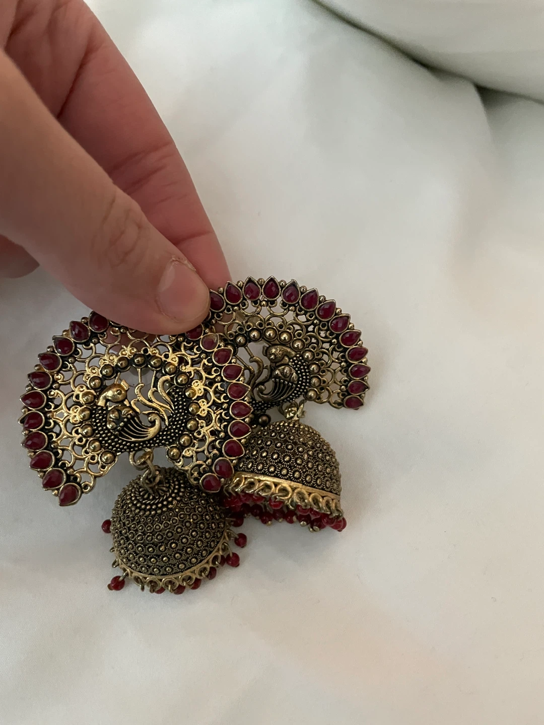 Gold Tone Peacock Jhumka Earrings with Red Stones - photo 3