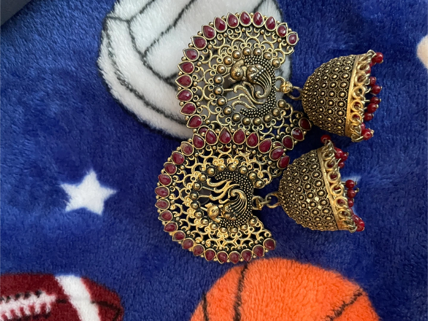 Gold Tone Peacock Jhumka Earrings with Red Stones - photo 2