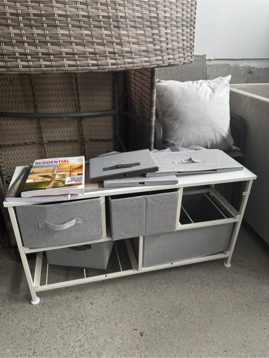 White Storage Unit with 4 Fabric Drawers