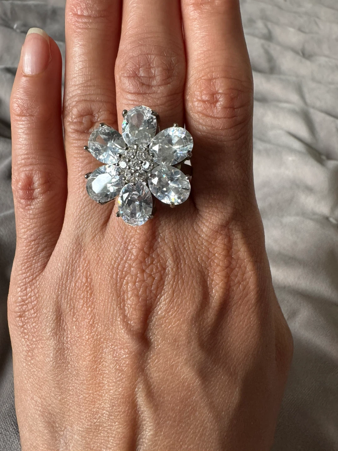 Large Flower Statement Ring with Clear Crystals