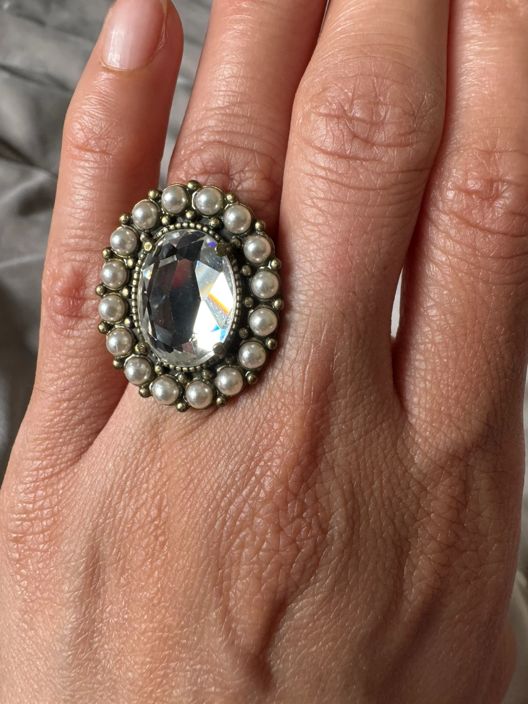 Statement Ring with Clear Gemstone and Pearls