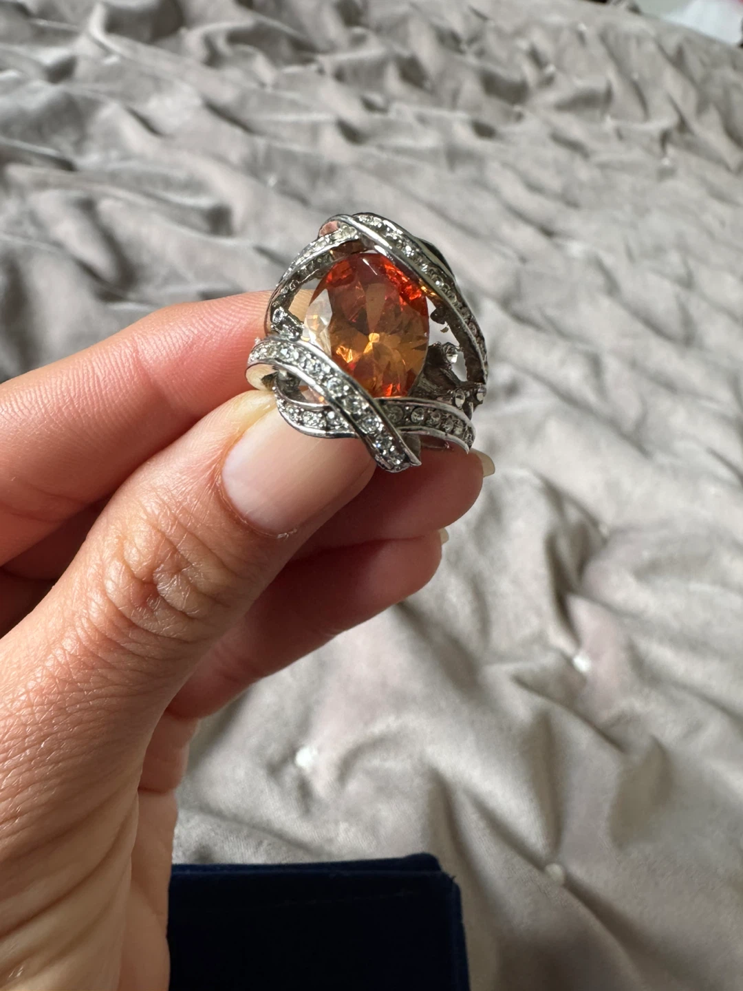 Oversized Orange Gemstone Statement Ring with Crystals