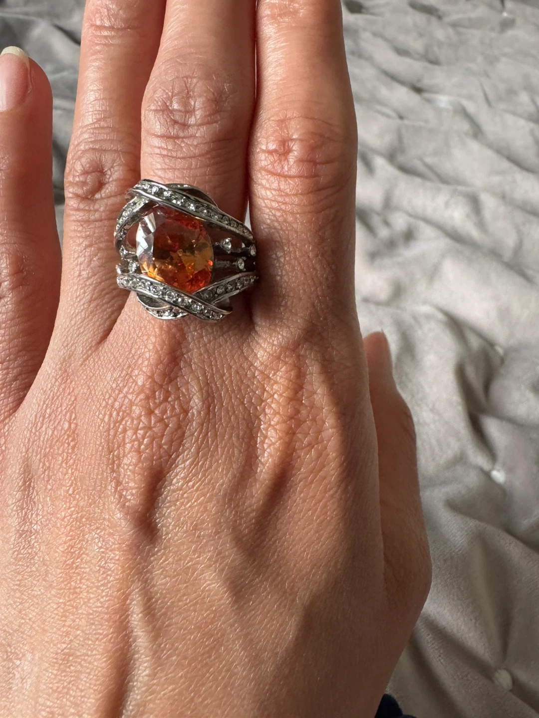 Oversized Orange Gemstone Statement Ring with Crystals - photo 3