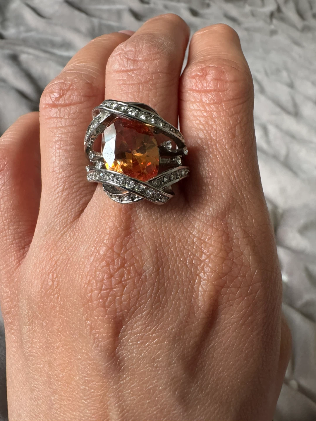 Oversized Orange Gemstone Statement Ring with Crystals - photo 2