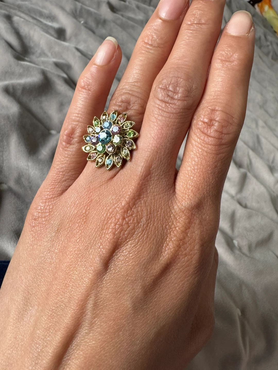 Flower Statement Ring with Green and Blue Stones
