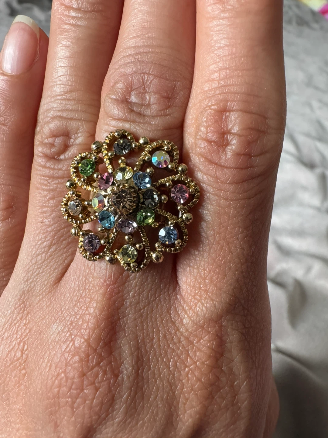 Gold-tone Ring with Colorful Rhinestones