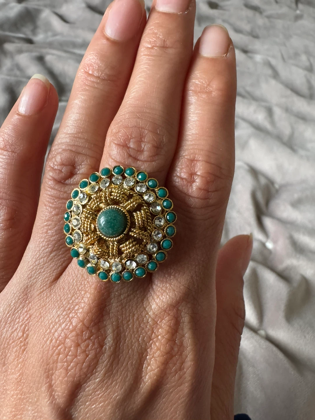 Statement Ring with Green Stone and Rhinestones