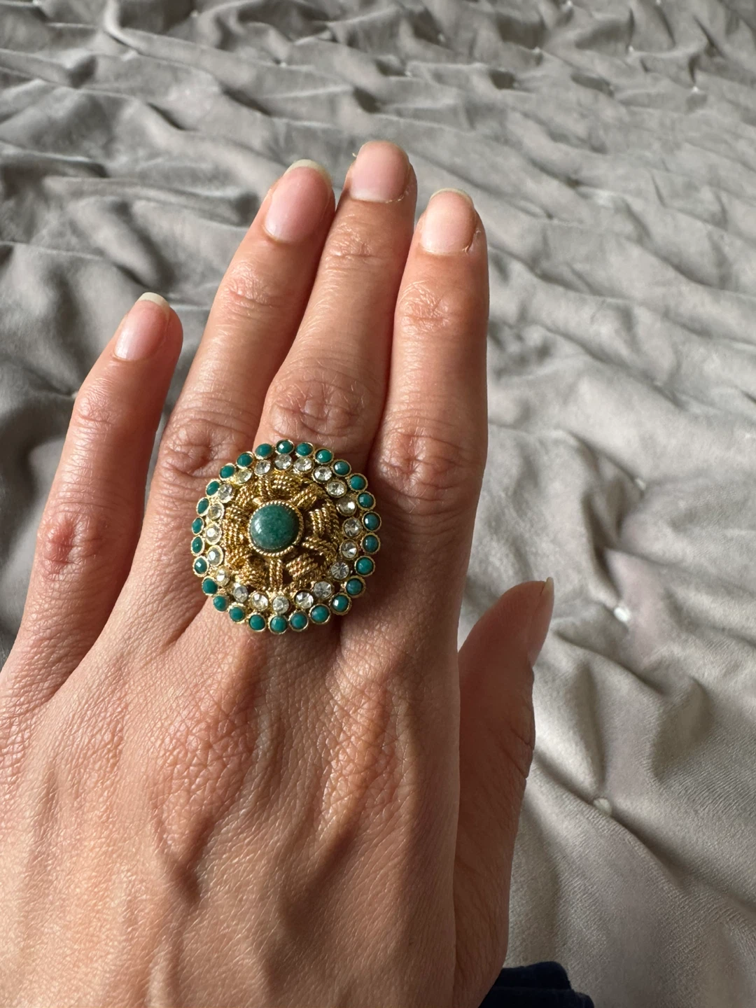 Statement Ring with Green Stone and Rhinestones - photo 2