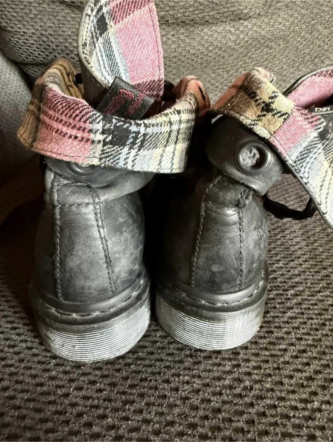 Dr. Martens Black Leather Boots with Pink Plaid Lining - photo 4