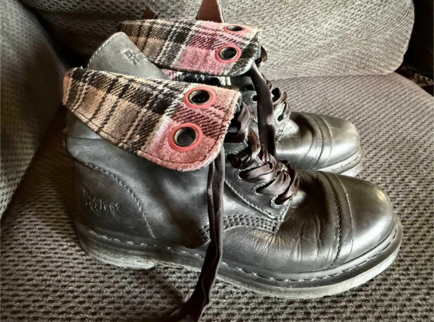 Dr. Martens Black Leather Boots with Pink Plaid Lining