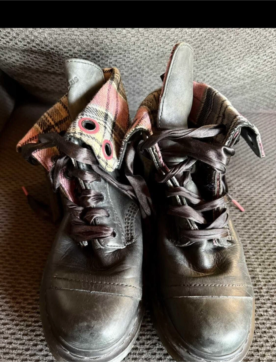 Dr. Martens Black Leather Boots with Pink Plaid Lining - photo 3