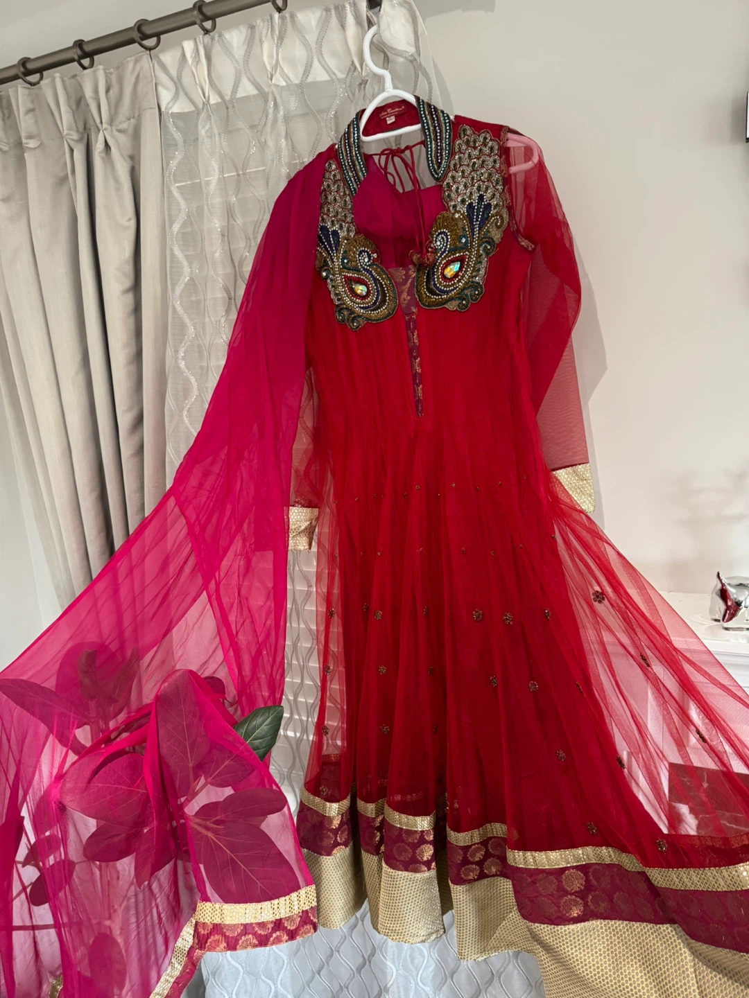 Red Anarkali Suit with Embellished Collar