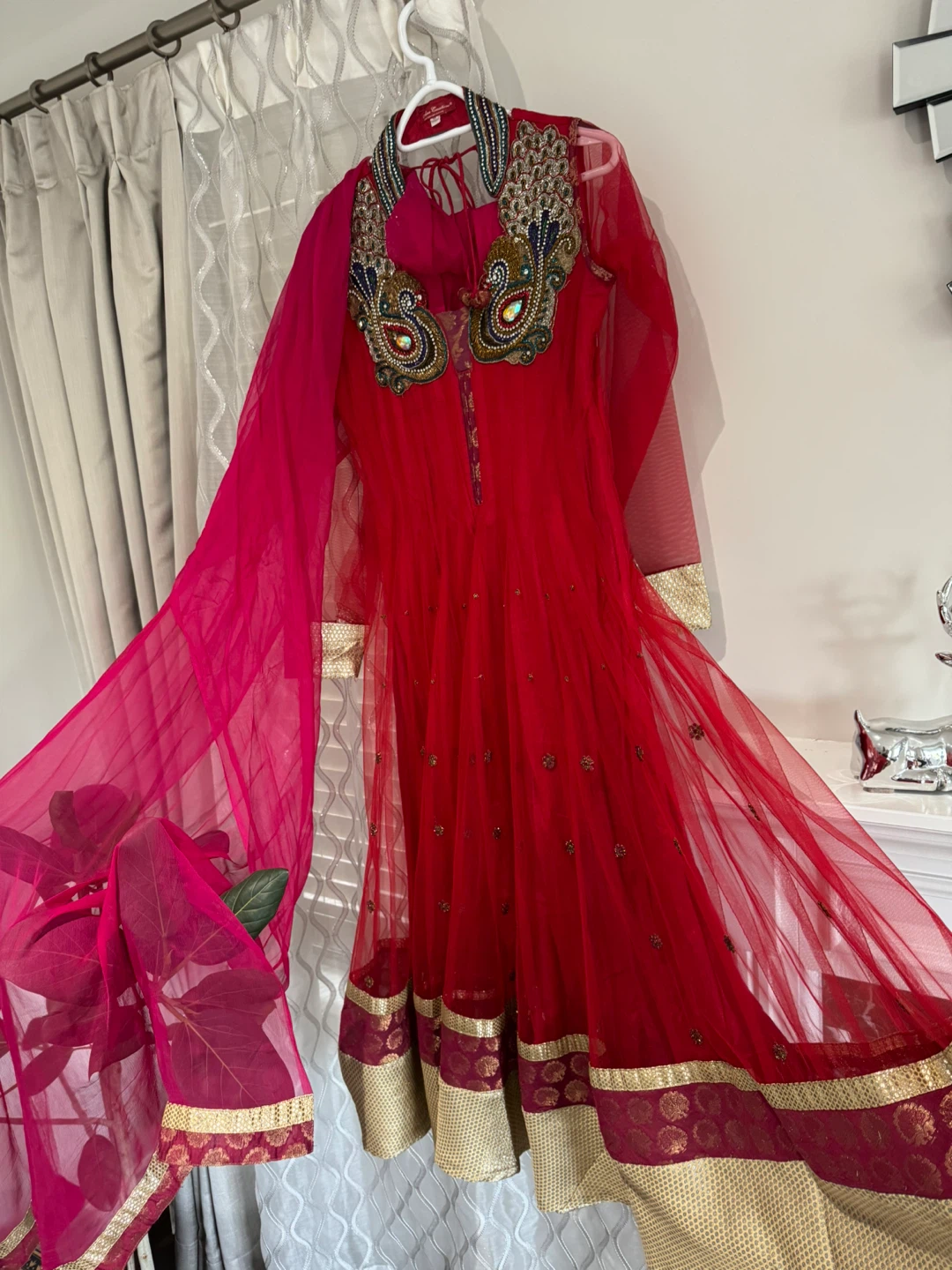 Red Anarkali Suit with Embellished Collar - photo 2