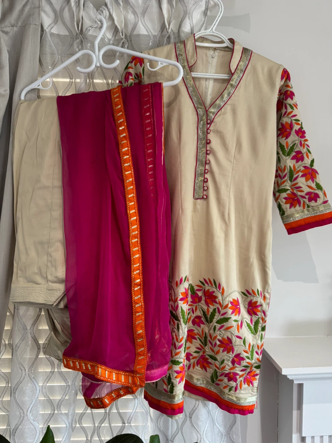 Cream Embroidered Kurti with Pink Dupatta and Pants
