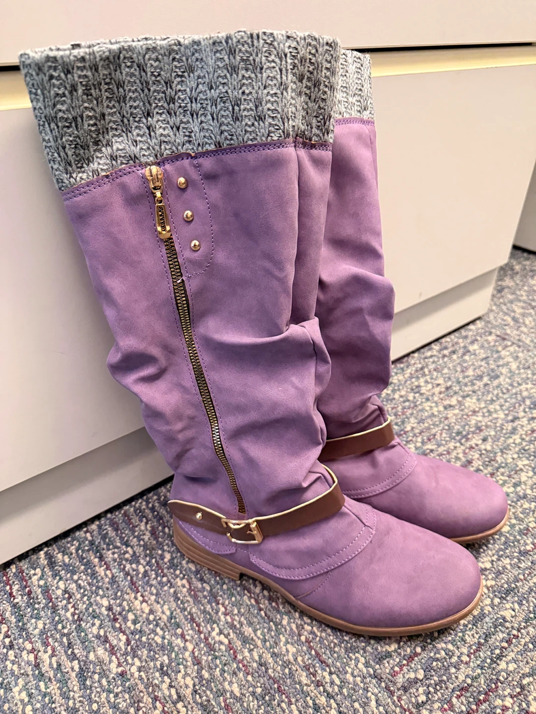 Purple Tall Boots with Knit Cuffs