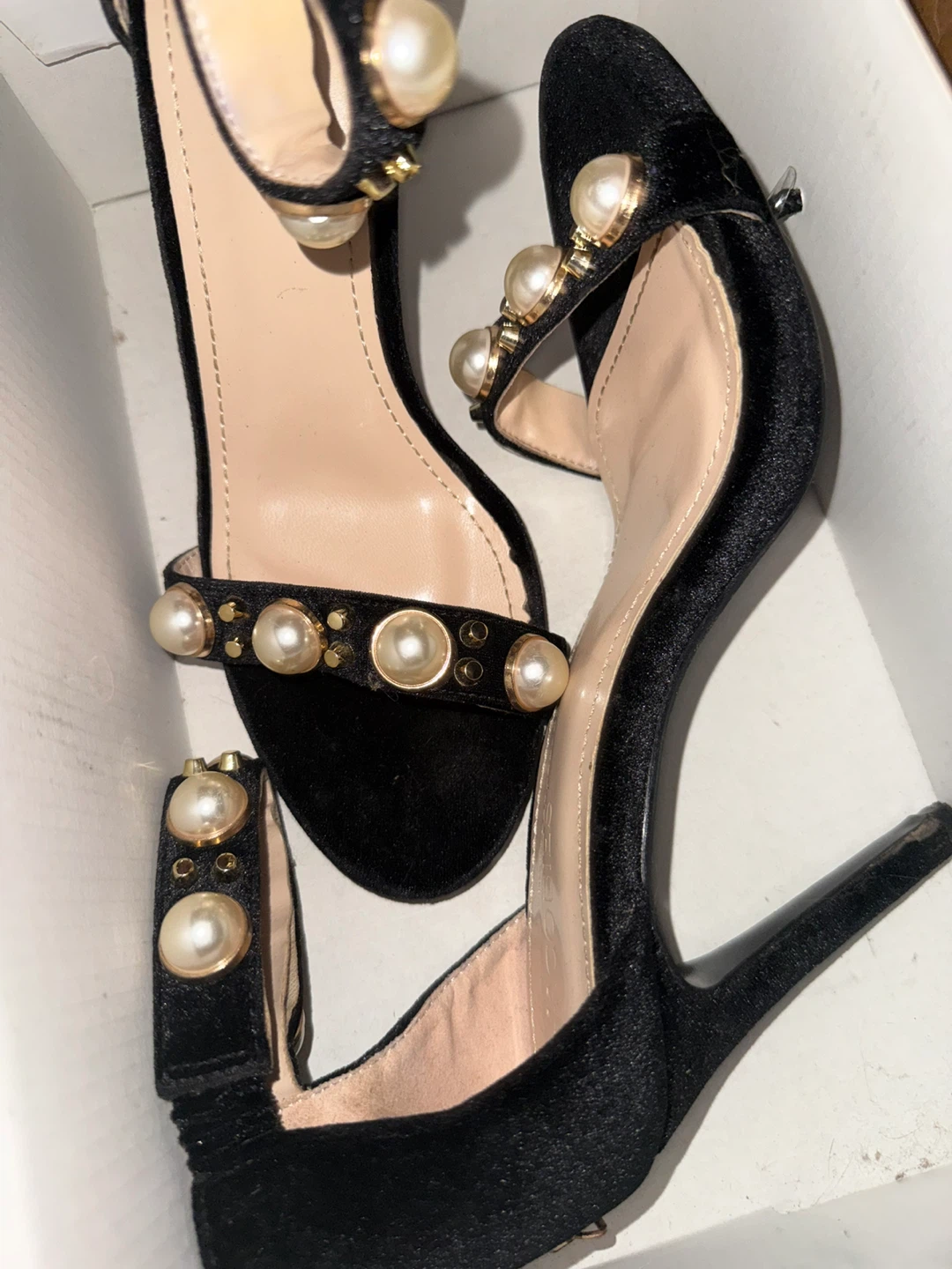 ALDO Black Velvet Heels with Pearls