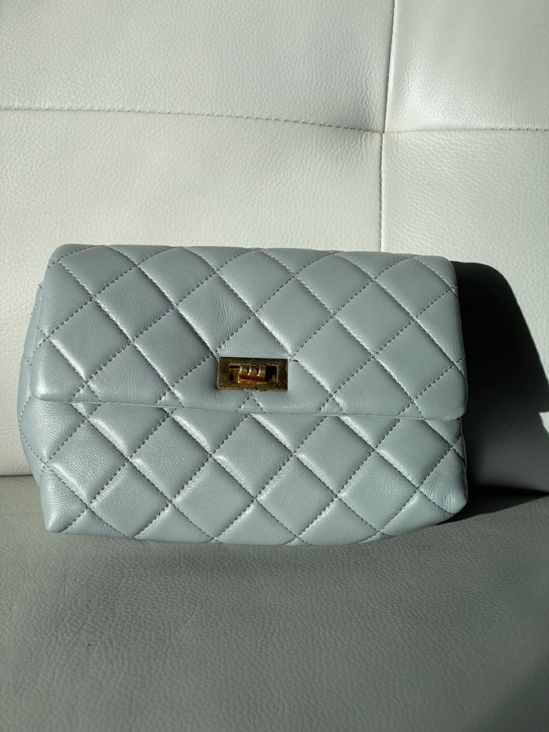 Light Grey Quilted Crossbody Bag with Gold Chain