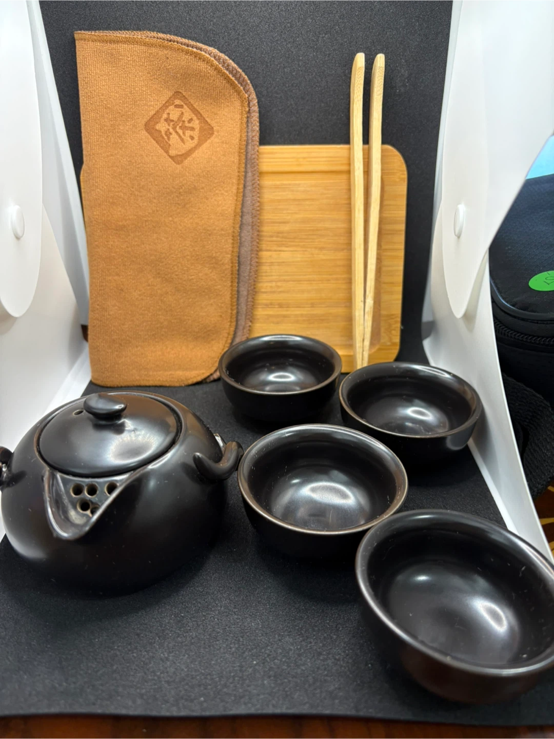 4-Piece Black Tea Set with Carrying Case