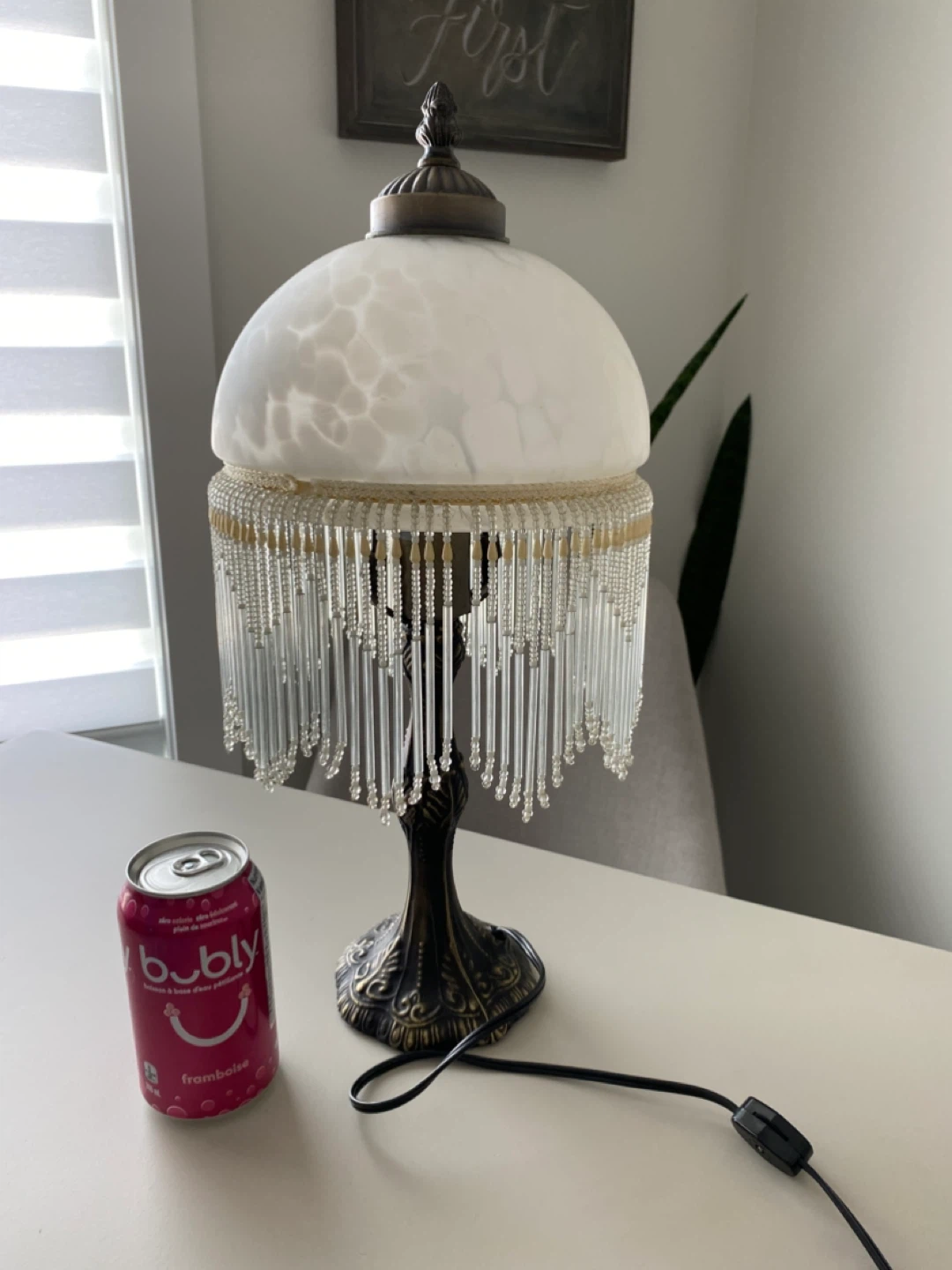 Vintage Beaded Table Lamp with Frosted Glass Shade
