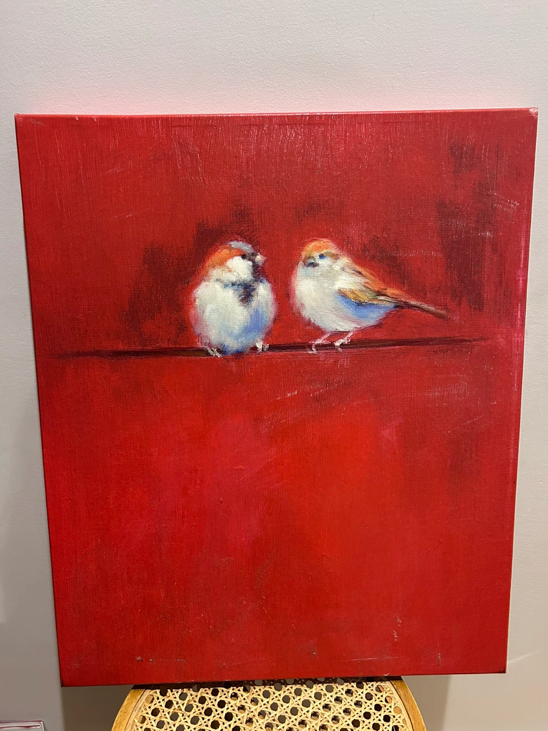 Painting of Two Birds on Red Background
