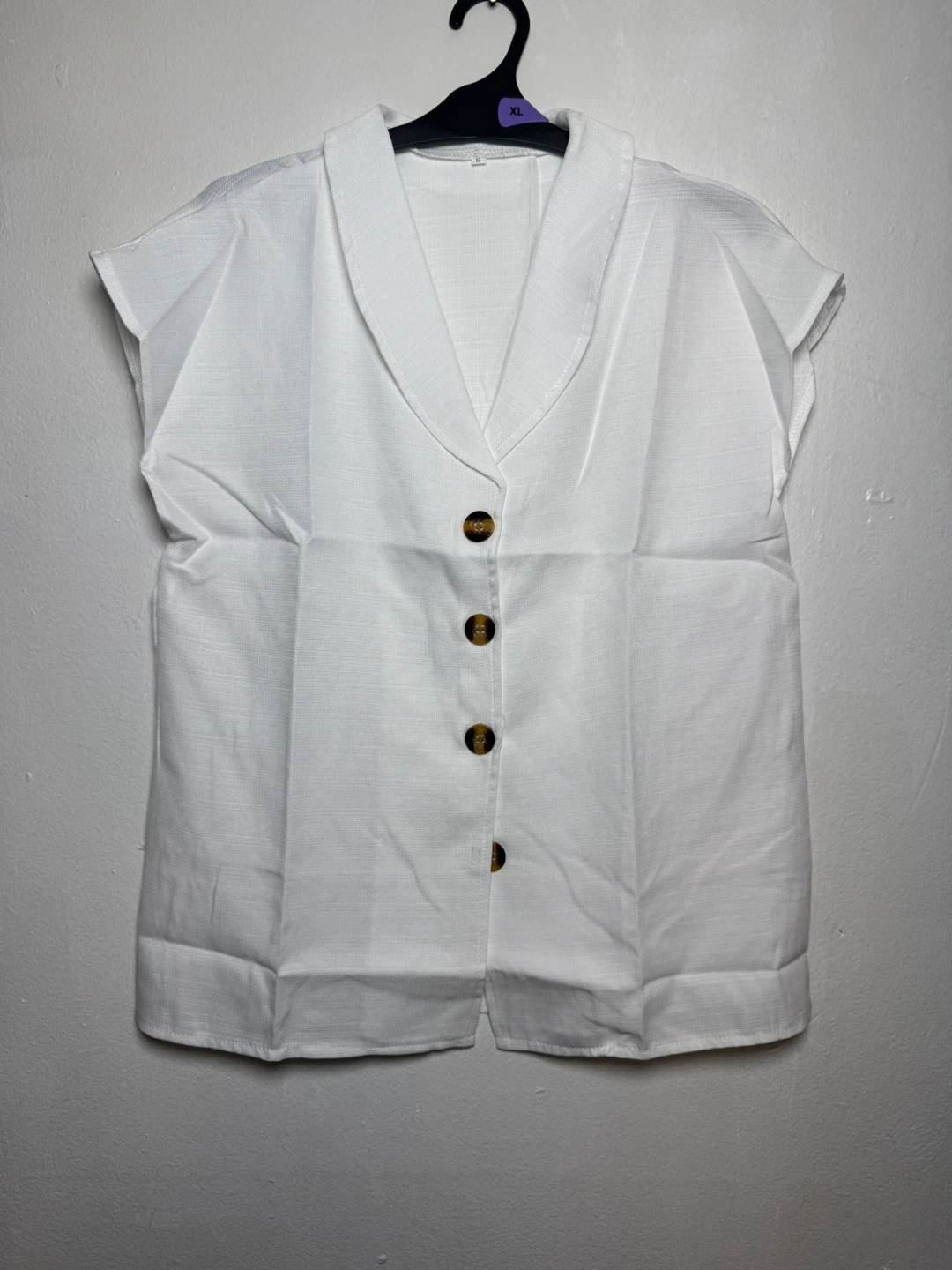 White Linen Blend Button-Up Sleeveless Blouse - Size S