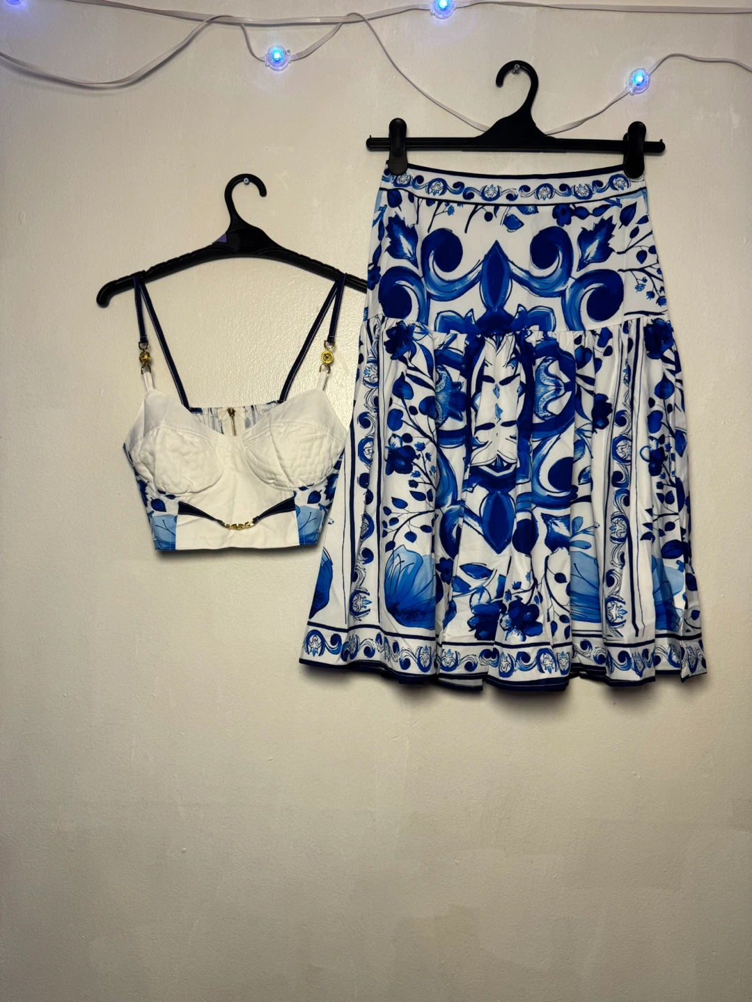Blue and White Floral Print Crop Top and Skirt Set