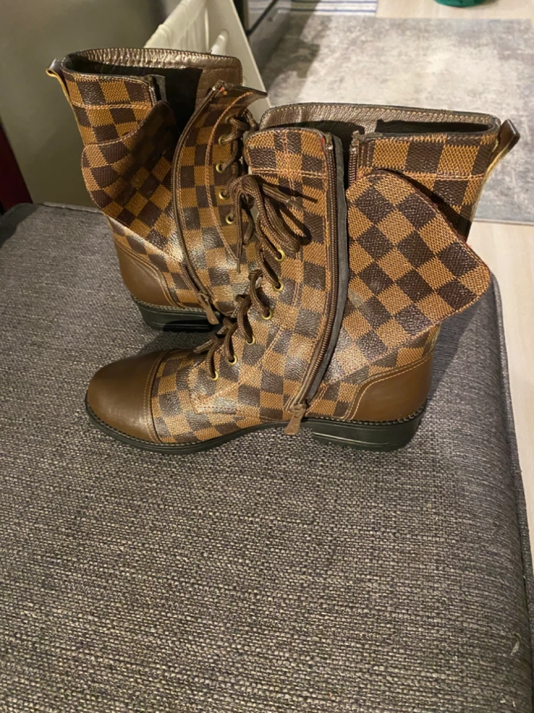 Brown Checkered Combat Boots