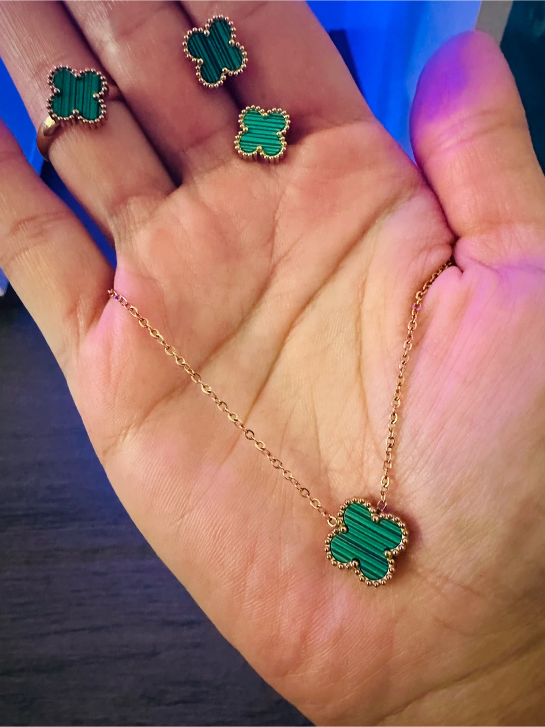 Four Leaf Clover Necklace, Ring, and Earrings Set