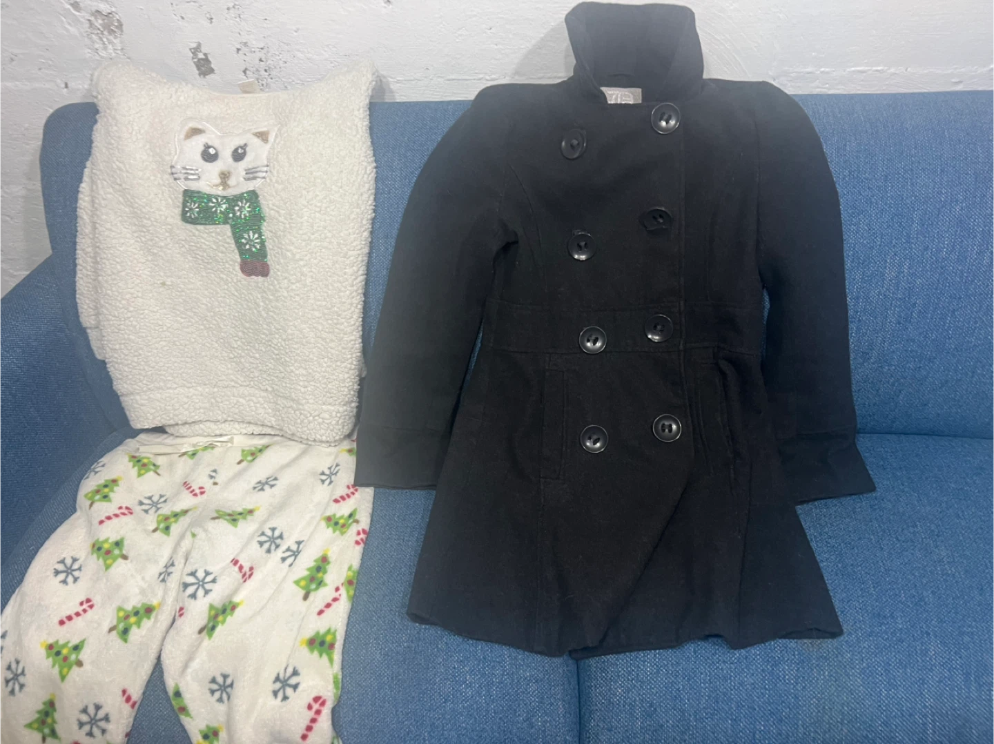 Girls Black Double-Breasted Coat & Christmas Pajamas
