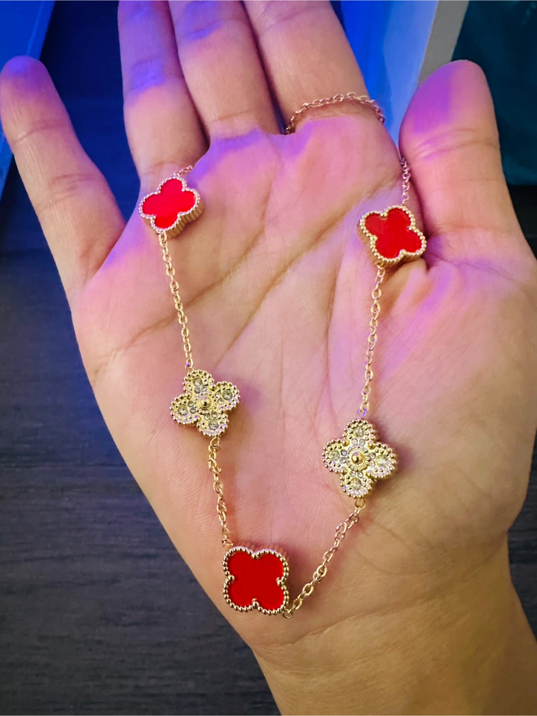 Gold Clover Necklace with Red & Crystal Accents