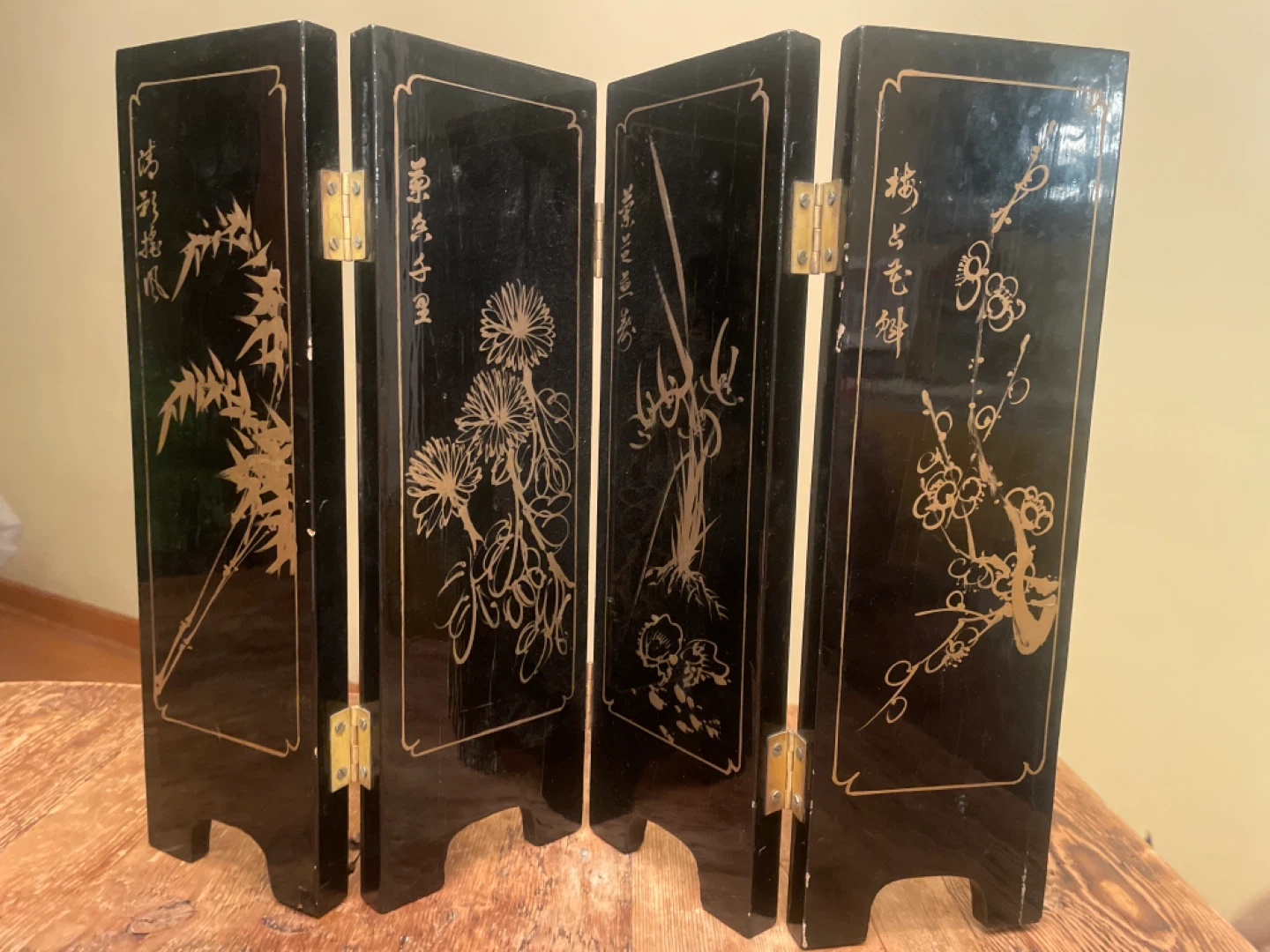 Vintage 4-Panel Oriental Black Lacquer Screen - photo 4