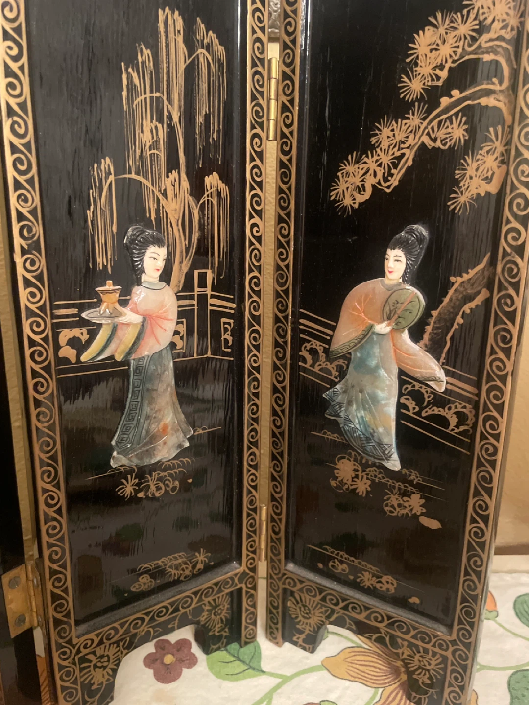 Vintage 4-Panel Oriental Black Lacquer Screen - photo 2