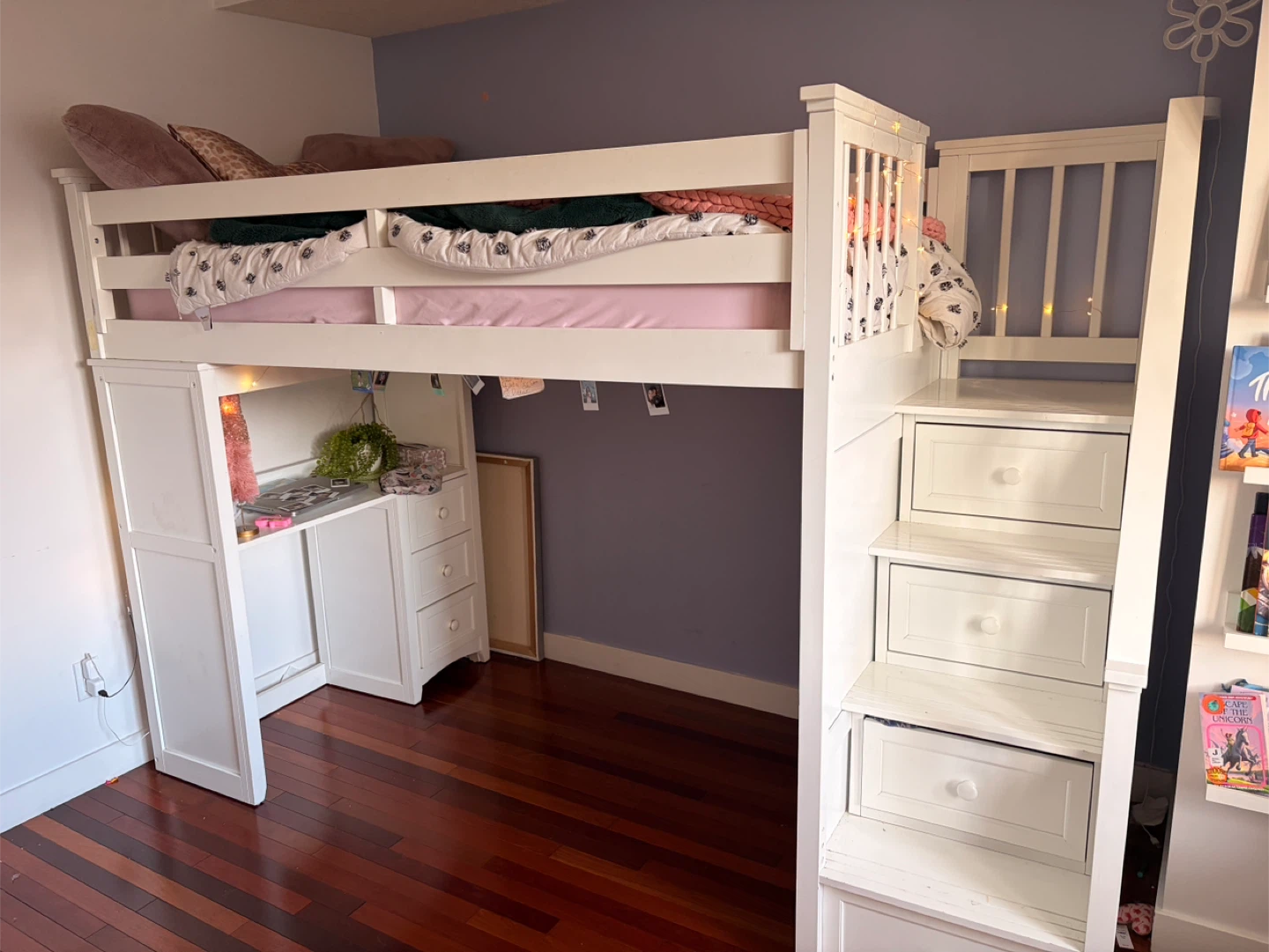 Solid Wood Twin Loft Bed with Desk & Storage