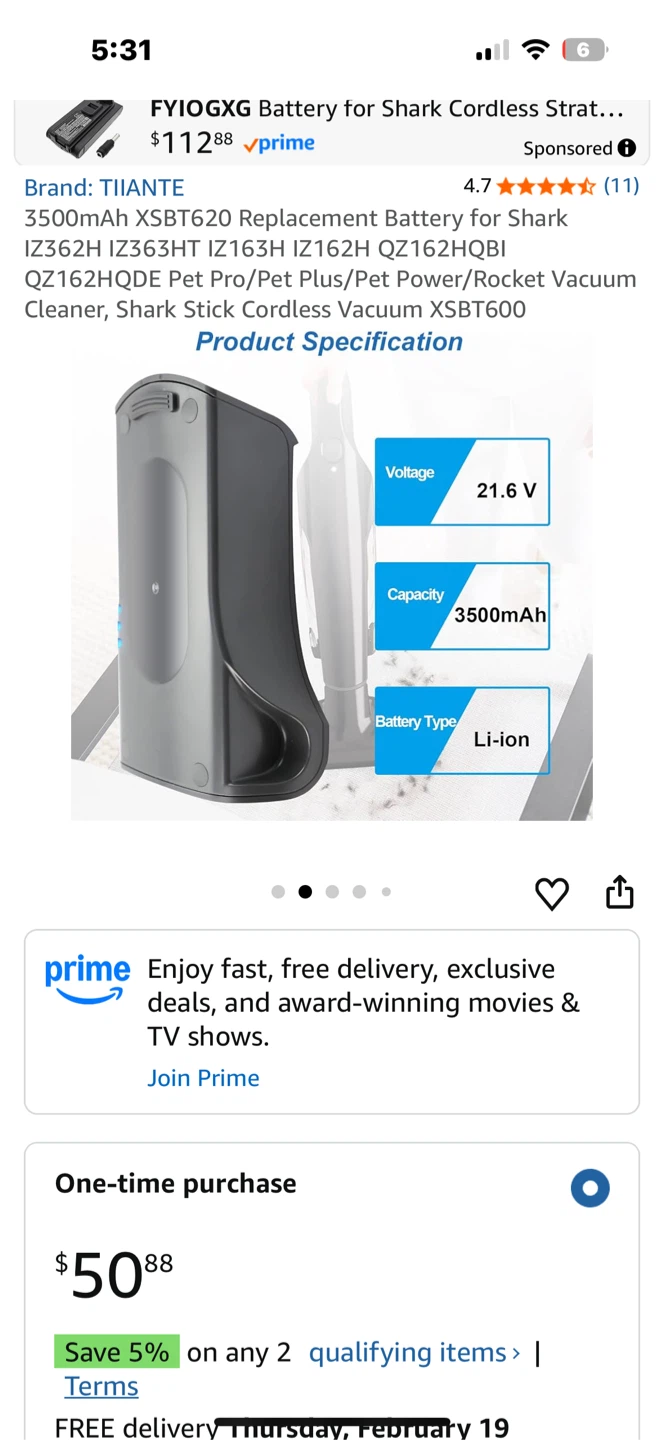 TIANTE 🏆 Li-ion Battery for Shark Cordless Vacuum XSB T600 - photo 3
