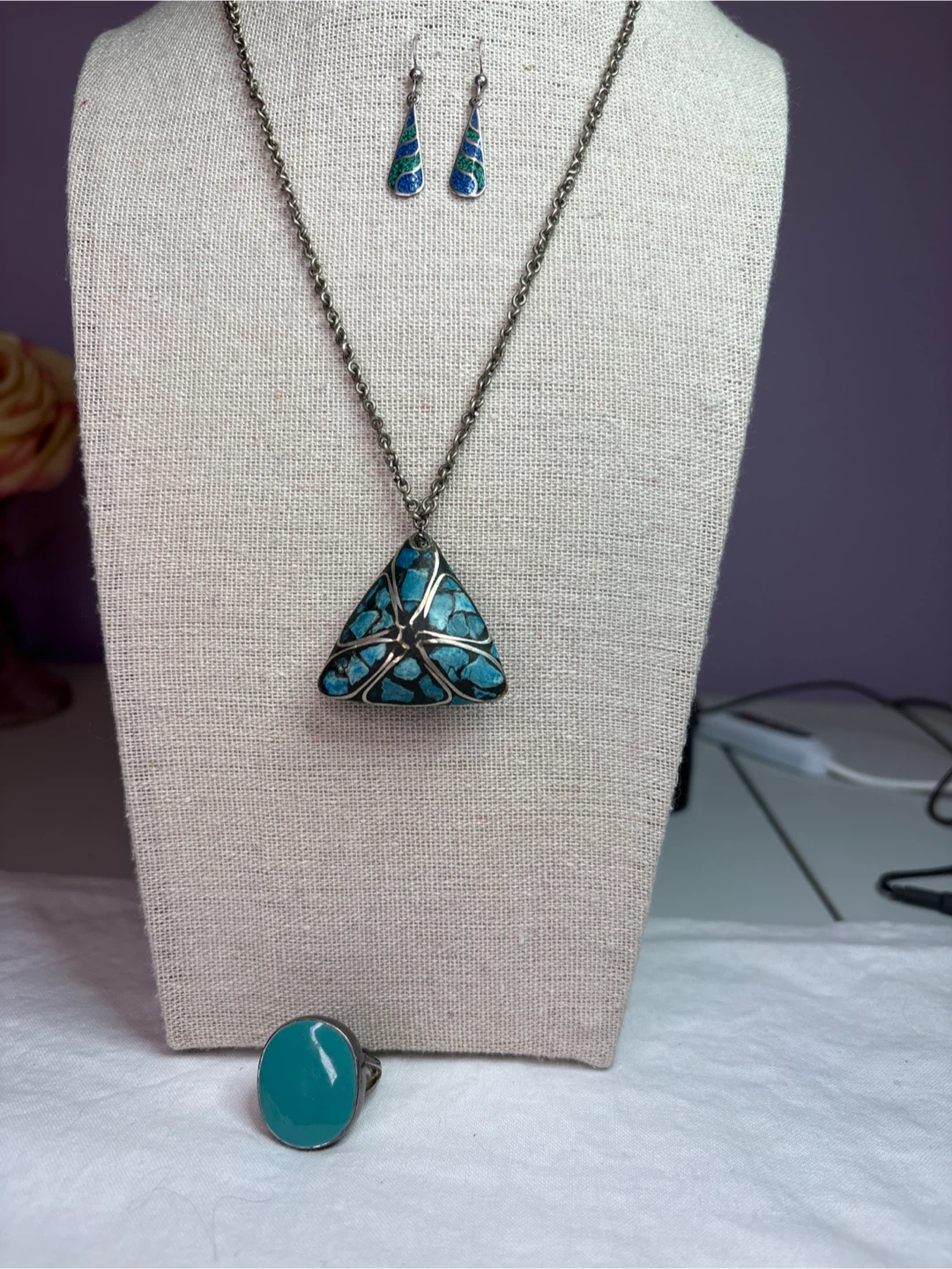 Sterling silver earrings, ring with silver tone necklace set.