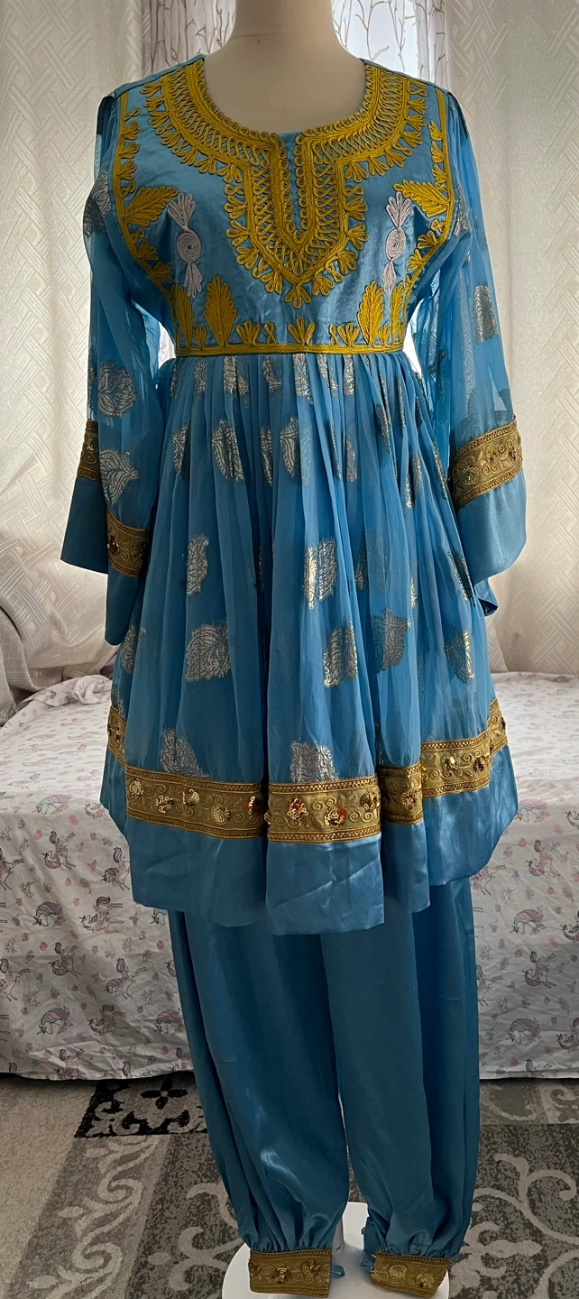 Light Blue Embroidered Traditional Dress with Pants