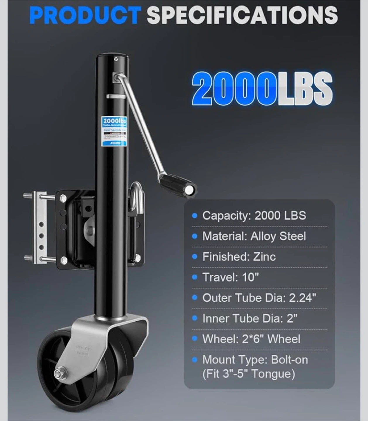 Heavy-duty 2000 lb Trailer Jack with Dual Wheels