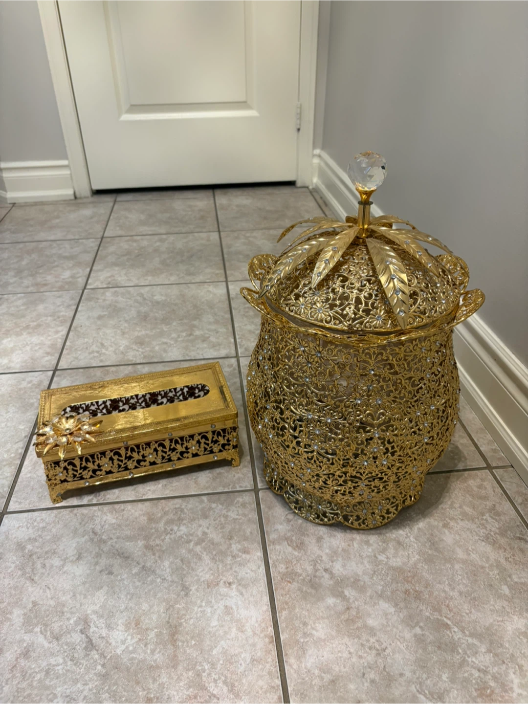 Decorative Gold Tissue Box Cover and Canister Set