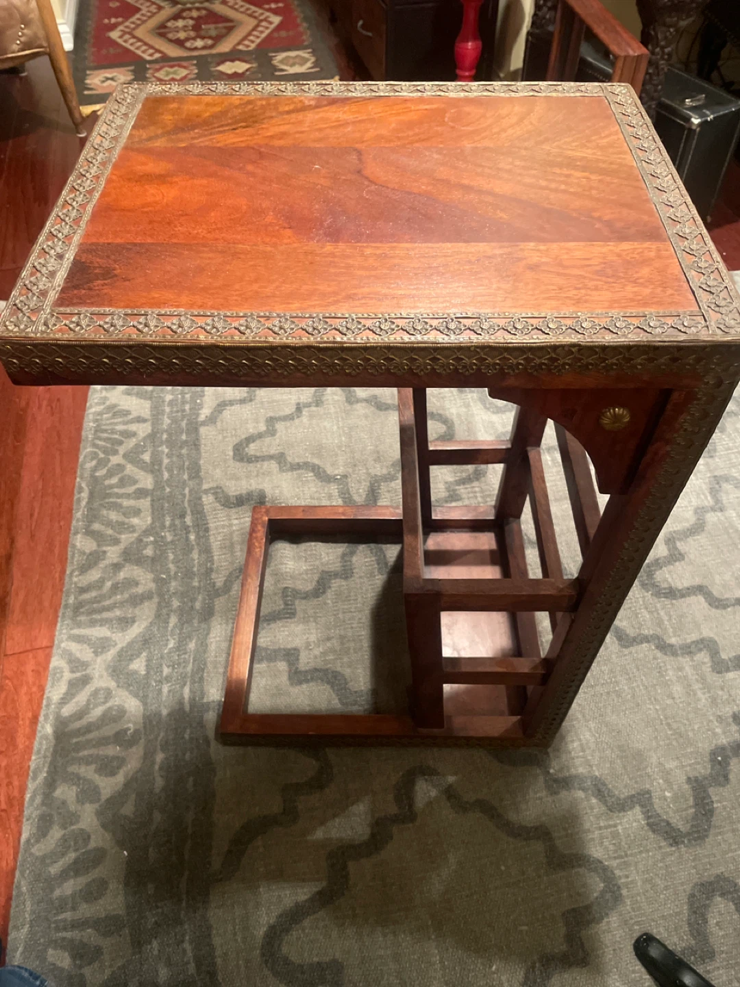 Vintage Wood Side Table with Ornate Metal Trim