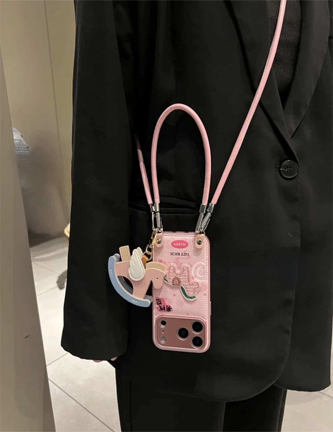 Pink Phone Case with Rocking Horse Charm and Strap